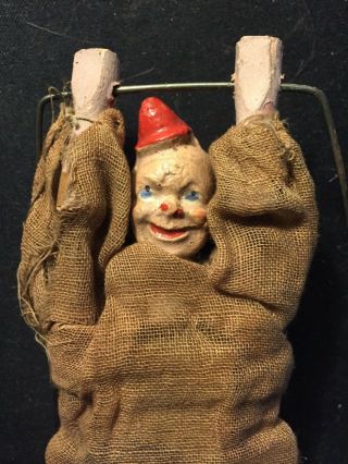 Antique 19th Century Folk Art Wood Hand Toy Clown Trapeze Puppet Marionette 2