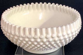 Vintage Fenton Milk Glass Hobnail Ruffled Candy Ribbon Edge 9” White Bowl Cre