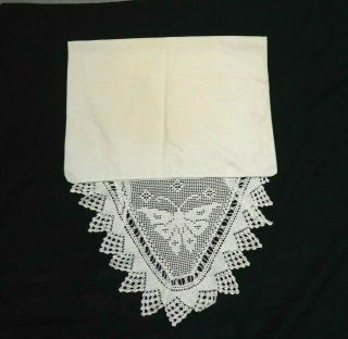 Vintage Single White Cotton Pillowcase W/ Ties & Hand Crocheted Lace Butterfly