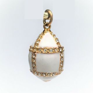 Vintage White Enamel Egg Pendant/charm With Clear Crystals