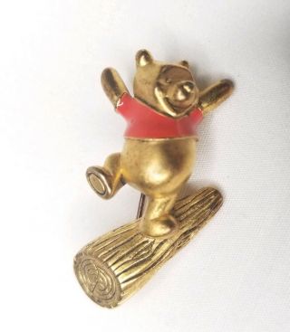 Vintage Disney Winnie The Pooh Pin Brooch Dancing On A Log Gold Tone Red Signed