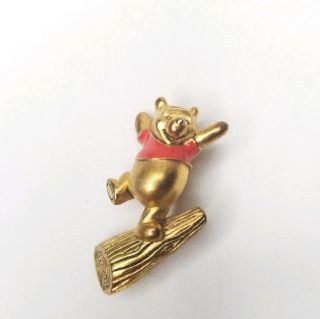 Vintage Disney Winnie The Pooh Pin Brooch Dancing On A Log Gold Tone Red Signed 3