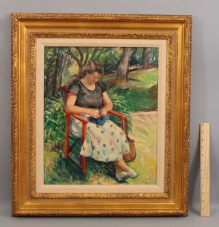 Antique J Barry Greene American Portrait Oil Painting,  Woman Knitting In Garden