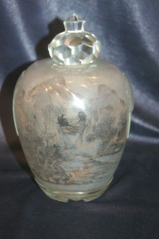 Large Antique Chinese Rock Crystal Covered Vase Jar With Reverse Painting Signed