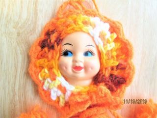 Vintage Doll Face With Orange Crochet Potholder Kitchen Wall Hanging