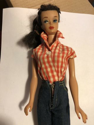 Gorgeous Vintage Mattel Barbie With Long Tight Blue Jeans And Checker Top.