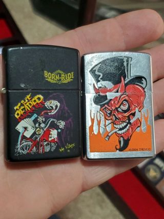 Vintage Zippo Lighter Pair Trevco Smoking Skull And Vibes Reaper Born To Ride