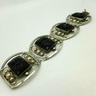 Vintage Old Mexico Sterling Silver Panel Bracelet Onyx Faces Ornate