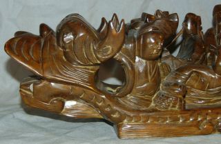 Vintage Carved Wood Foo Dog Chinese Dragon Boat 8 Figures Immortals 24 - 3/8 