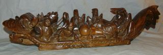 Vintage Carved Wood Foo Dog Chinese Dragon Boat 8 Figures Immortals 24 - 3/8 