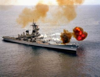 Us Navy Usn Battleship Uss Jersey (bb 62) 16 - Inch Guns Are Fired 8x12 Photo