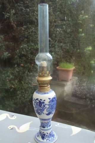 Vintage Blue & White Oil Lamp With Glass Chimney & Wick.