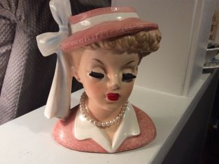 Vintage Napco 1958 Ladies Head Vase,  Blonde,  Pink Dress & Hat 4.  5 "