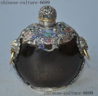 Collect Old Chinese Ox Horn Inlay Tibet Silver Cloisonne Beast Head Snuff Bottle