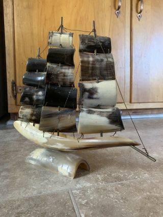 Vintage Cow Bovine Horn Model Clipper Sailing Ship