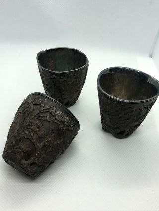 Antique Chinese Carved Coconut Shell And Sterling Silver Wine Cup 19th Qing Dyn