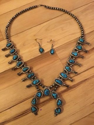 Vintage Turquoise Squash Blossom Necklace,  Earrings,  Marked Sterling Silver