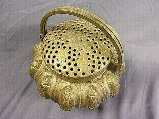 Antique Chinese Cricket Cage Gourd Gilt Brass 19th C.  Sculpted Cricket Motif