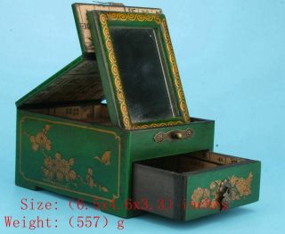 Vintage Green Leather Wood Jewelry Box Dragon Phoenix Crafts Dowry Gift Old