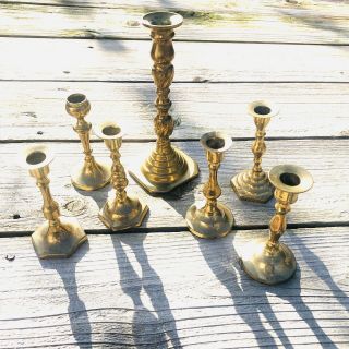 Set Of 7 Vintage Brass Candlesticks - Great For Weddings Or Table Centerpieces