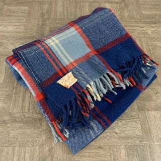 Vintage Faribo 100 Pure Wool Blanket 52 X 47 Stadium Camping Blue Tartan Plaid