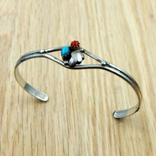 Vintage Navajo Sterling Silver Turquoise And Coral Cuff Bracelet