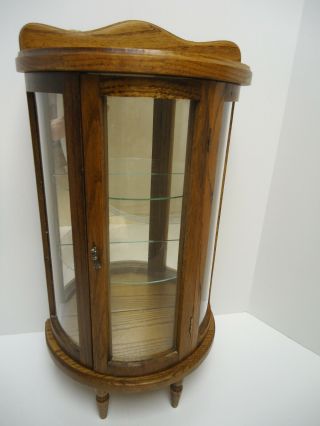 Vintage Small Curio Display Cabinet Wood Curved Glass Mirror Glass Shelves