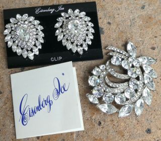 Vintage Signed Eisenberg Ice Clear Rhinestone Earrings & Brooch Pin With Tags