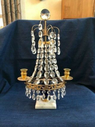 Rare Antique Brass Candle Holder With Crystal Prisms & Marble Base