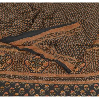 Sanskriti Vintage Black Saree Pure Crepe Silk Printed Soft Fabric 5yd Craft Sari