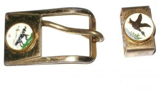 Vintage 2 Pc Brass Tone Belt Buckle Set For.  75 " Belt Goose Hunting Pointer Dogs