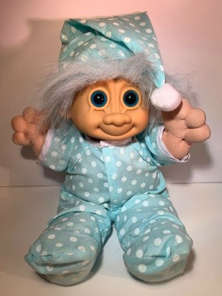 Vintage Russ Troll Doll 12 " Polka Dot Footed Pajamas Night Cap & Blue Hair