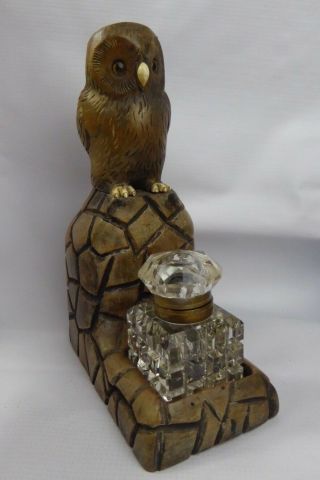 Antique Black Forest Owl Inkwell Glass Eyes C1900 - 1920 Carved Wood Treen