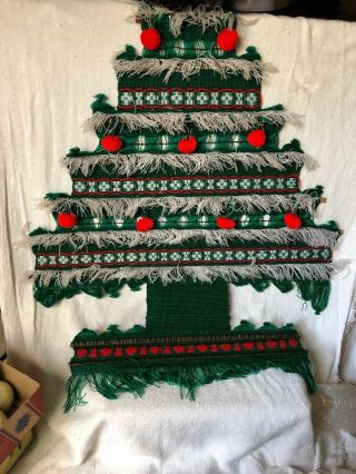 Vintage Christmas Tree Wall Hanging Holiday Decoration 1970s Weaving Pom Pom