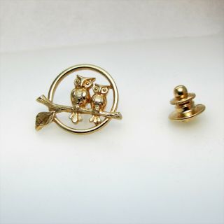 Vintage Avon Owl Lapel Pin Tie Tack Gold Tone 2 Owls On Branch Circle Brooch