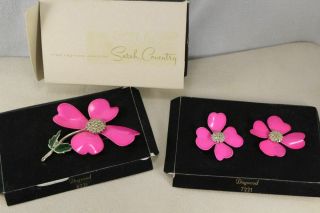 Vintage SARAH COVENTRY PINK DOGWOOD PIN & EARRING SET from 1970s 2