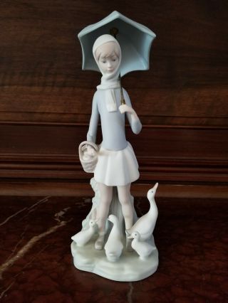 Vintage Retired Lladro " Girl With Umbrella And Geese " 4510 Matte - Box