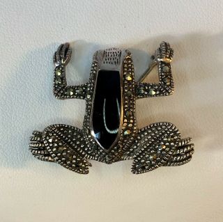 Vintage Art Deco 925 Sterling Silver W/ Marcasites & Onyx Frog Brooch Pin