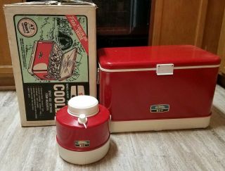 Vintage 22 " Thermos Red Metal Cooler Box Bottle Openers Retro With The Thermos