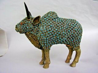 Antique Nepal Newari Jeweled Ox Bull Turquoise Coral Bronze Filigree 4.  7 X 5.  8 "