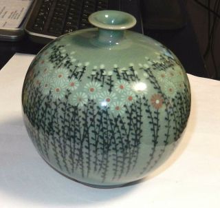 Rare Celadon Green Glazed Blossoms Ceramic Pottery Korean Round Vase Signed