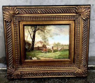 15.  5”x17.  5” Framed Oil Painting Of Cows & Sheep Farm Antique Style
