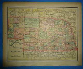 Vintage Circa 1895 Nebraska Map Old Antique Atlas Map S&h