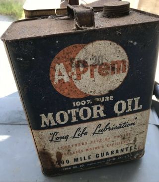 Vintage A - Prem 100 Pure Motor Oil " Long Life Lubrication " Collector Can