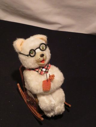 Vintage Tin Battery Operated Mother Bear Knitting & Rocking 1960s Japan Mt