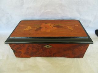 Antique 19th Century Swiss Music Box,  6 Airs,  Burl Wood & Inlaid Rose Box