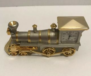 Vintage Silver And Gold 4 " Train Clock Locomotive - Platinum Quartz - Very Sharp
