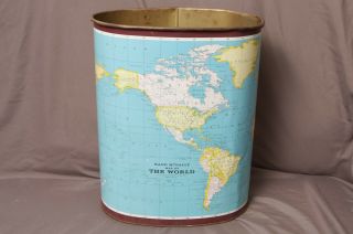 Vtg Mid Century Rand Mcnally Map Of The World Trash Can Waste Basket Mcm 1960s