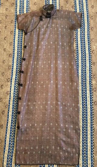 Antique 1920s 30s Brown Silk Brocade Cheongsam Qipao Matching Slip Banner Dress
