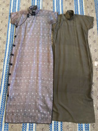 Antique 1920s 30s Brown Silk Brocade Cheongsam Qipao Matching Slip Banner Dress 2